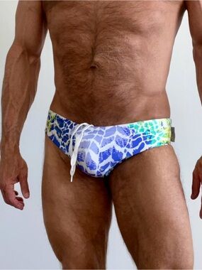 Men's Blue & Green Printed Swim Trunks with Drawstring